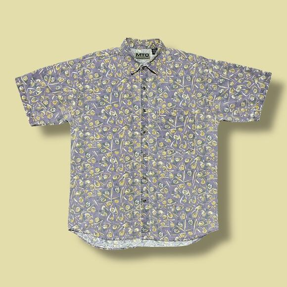 Vintage Abstract Print Button Up Shirt Geometric Art 80s 90s Cotton Purple Large - Picture 1 of 6